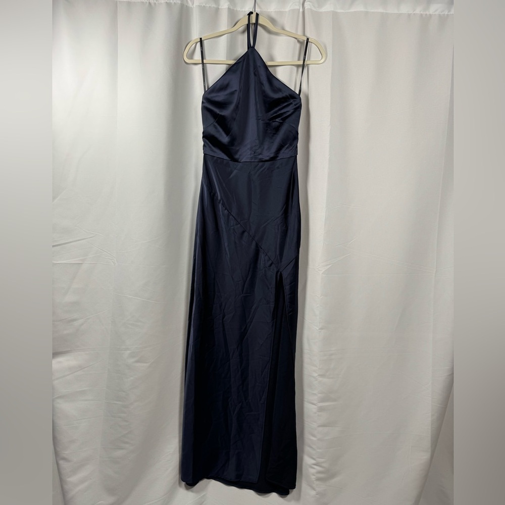 Lovely High Halter Tie-Strap Open Back Satin Maxi Dress Midnight Navy XS